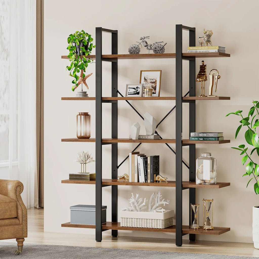 Industrial 5 Tier Bookshelf 180cm Tall Metal Frame Rustic Wood Storage Display Shelf Brown