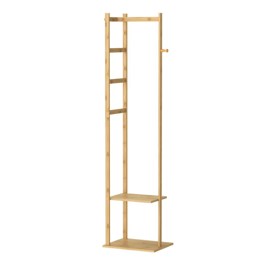 Bamboo Coat Rack Stand with Shelves and Hooks Freestanding Clothes Organiser Natural Wood