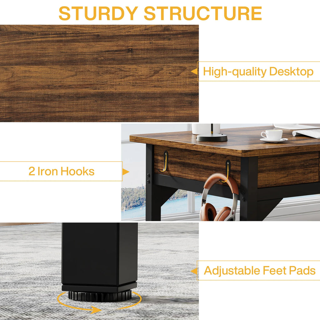 2-Person Office Desk with Drawers and Hooks 200cm Rustic Computer Workstation Rustic Brown