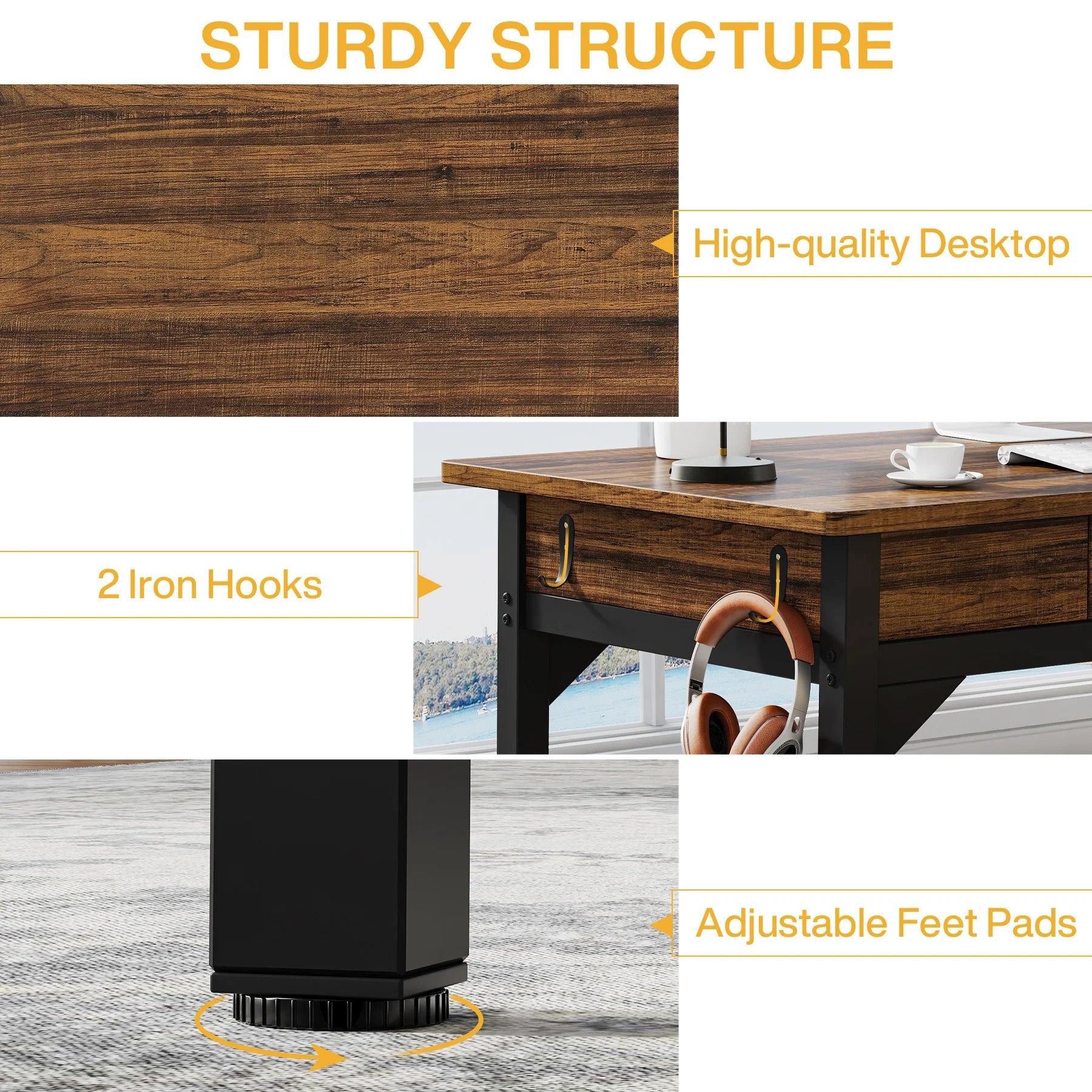 2-Person Office Desk with Drawers and Hooks 200cm Rustic Computer Workstation Rustic Brown