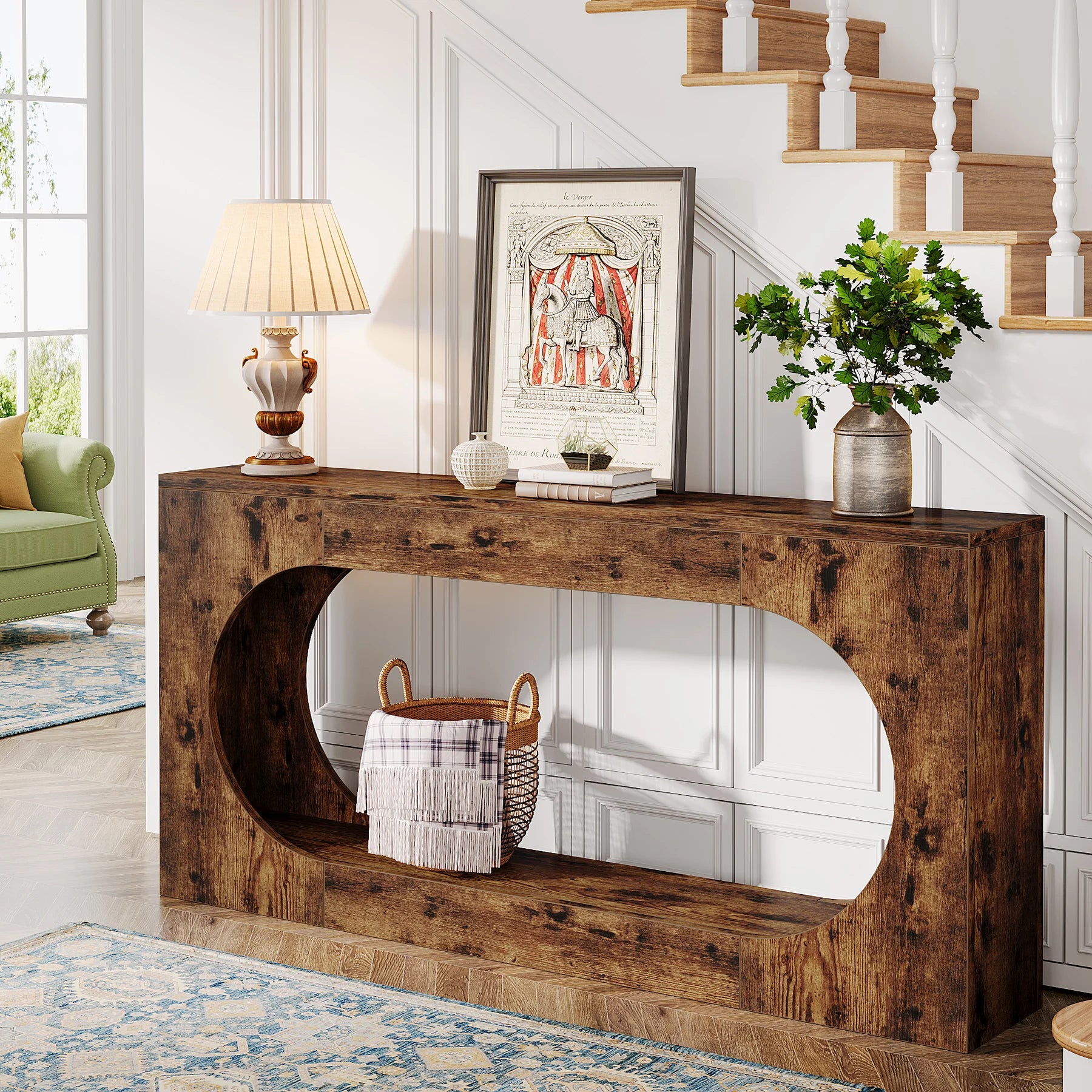 Farmhouse Console Table with 2-Tier Shelf 160cm Rustic Entryway Sofa Table Brown