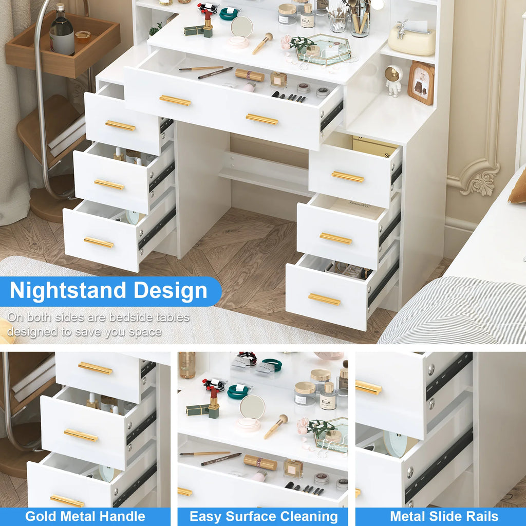 Vanity Table with LED Mirror and 7 Drawers Makeup Dressing Table with Storage Shelves