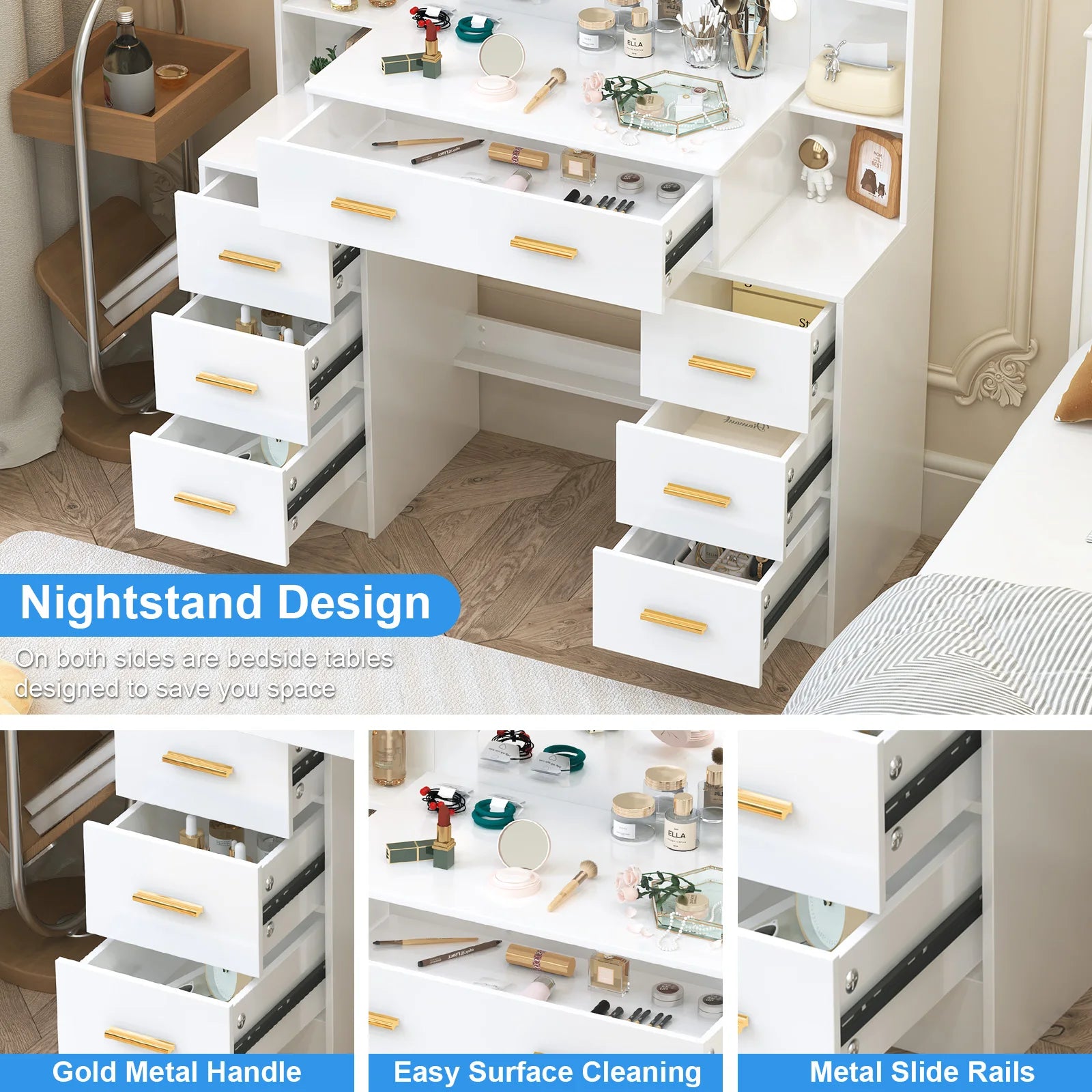 Vanity Table with LED Mirror and 7 Drawers Makeup Dressing Table with Storage Shelves