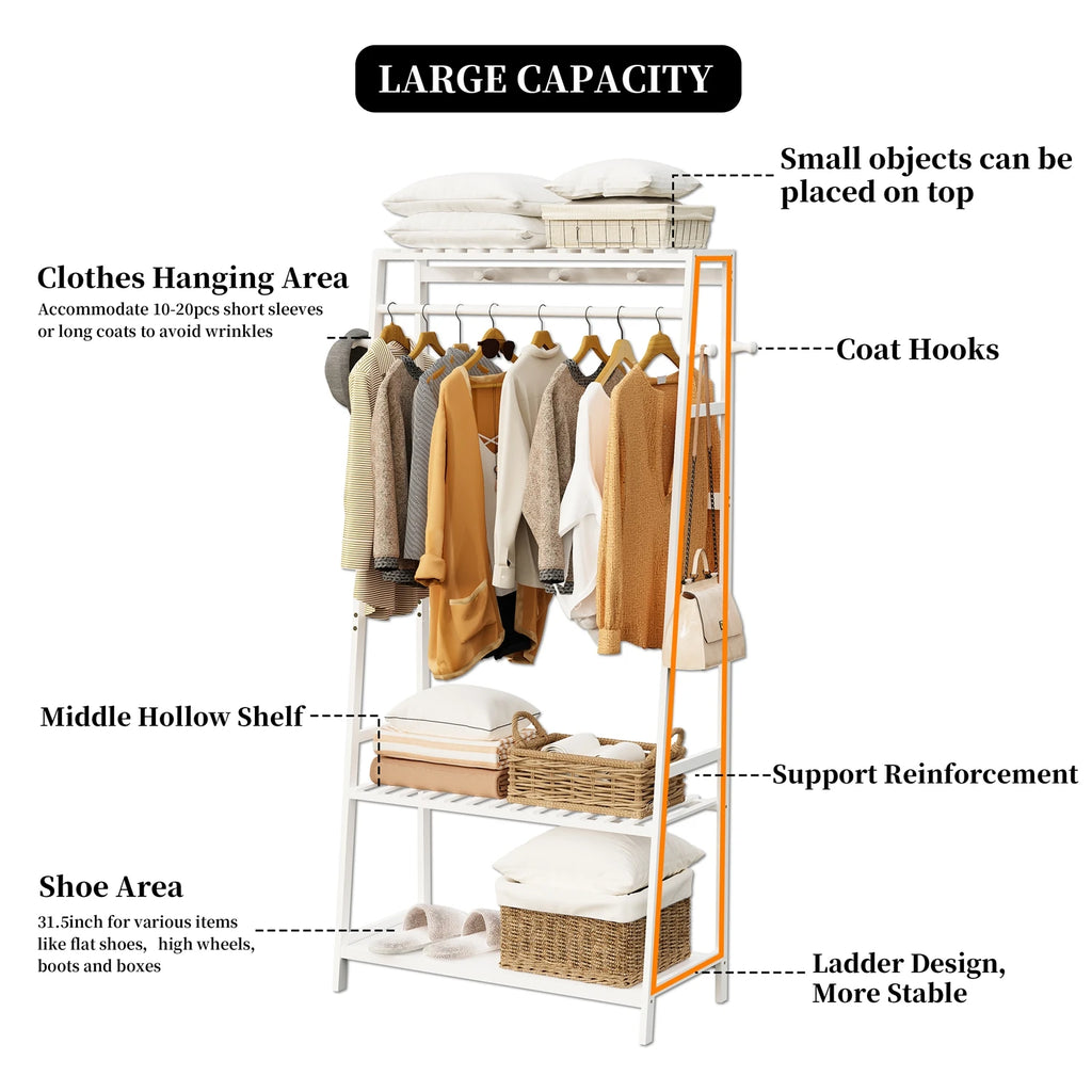Bamboo Clothes Rack with Shelves and Wheels Freestanding Garment Rack with 10 Hooks Natural Wood