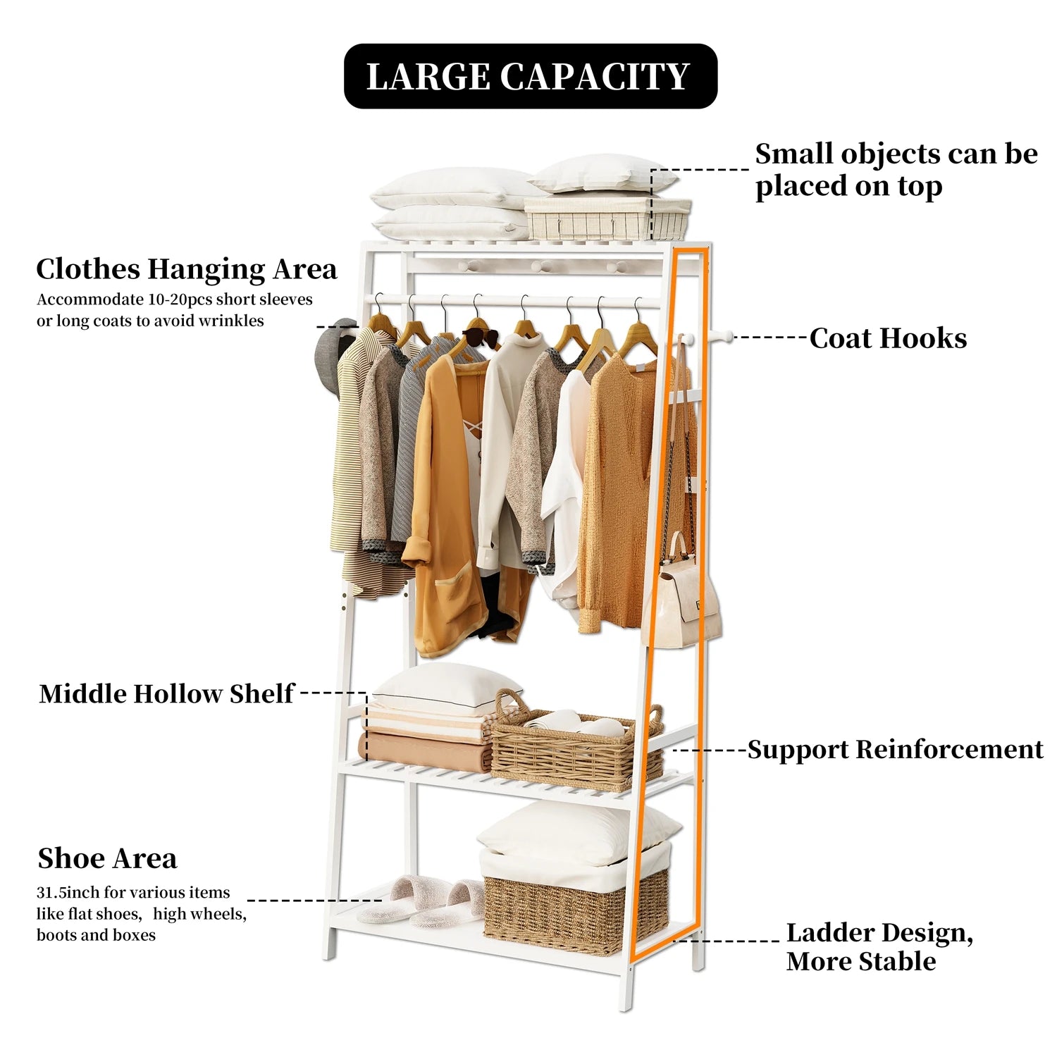 Bamboo Clothes Rack with Shelves and Wheels Freestanding Garment Rack with 10 Hooks Natural Wood