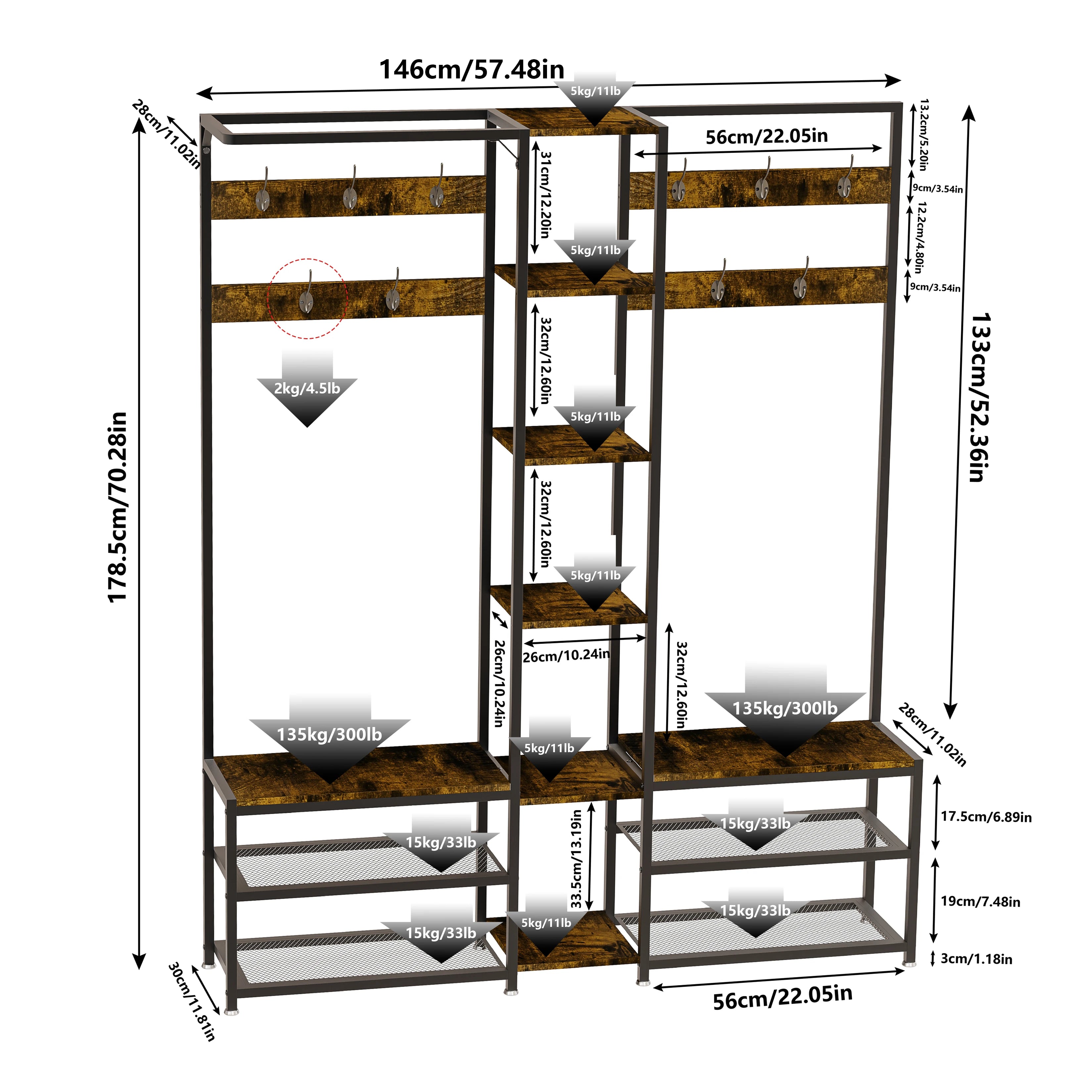 Industrial Hall Tree Coat Rack with Shelves and Metal Frame Entryway Storage Organizer Brown
