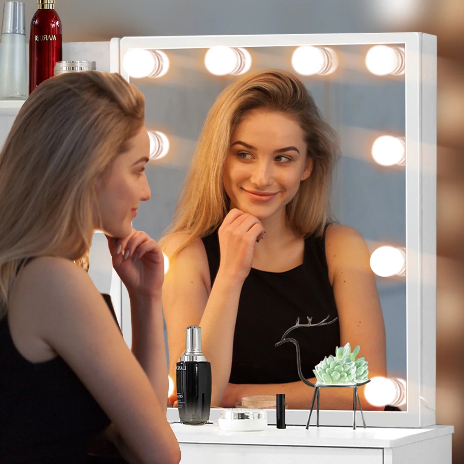 Vanity Table Set with LED Mirror, Stool and Drawers Sliding Mirror Makeup Dressing Table White