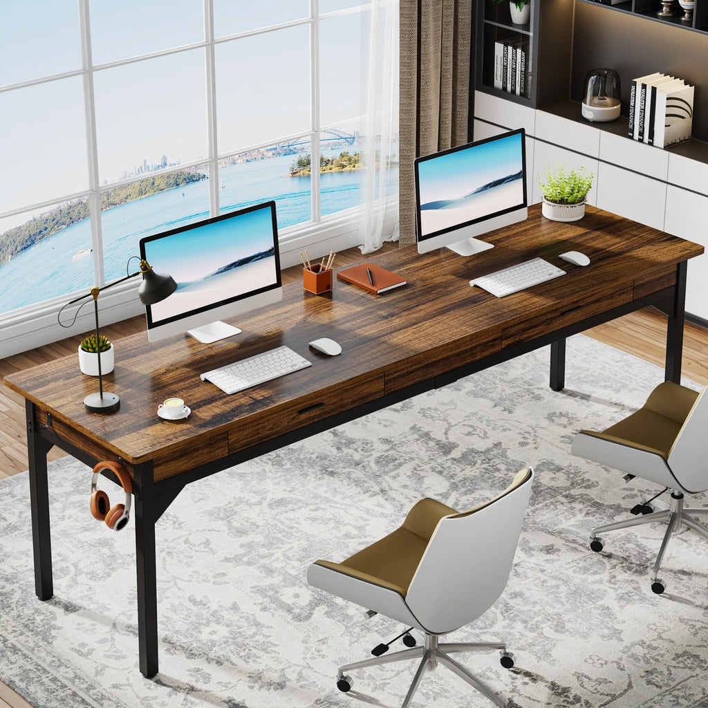 2-Person Office Desk with Drawers and Hooks 200cm Rustic Computer Workstation Rustic Brown