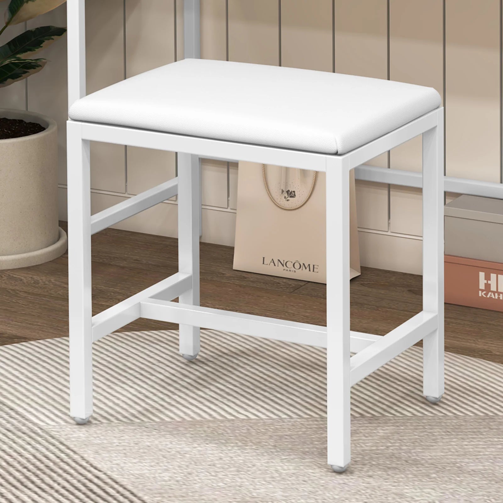 Upholstered Vanity Stool with PU Leather Seat and Metal Legs Dressing Table Chair White