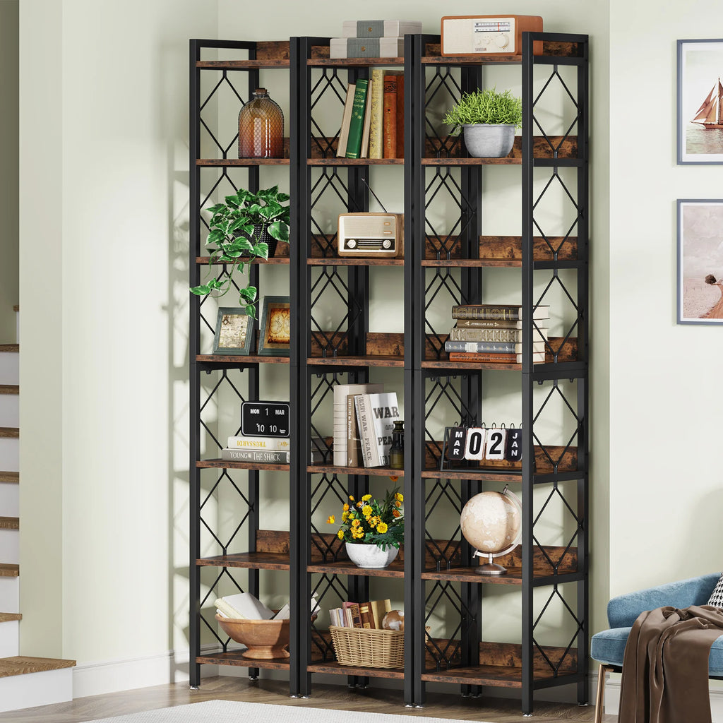 7-Tier Corner Bookshelf Narrow Metal Corner Shelf Storage Display Rack Brown