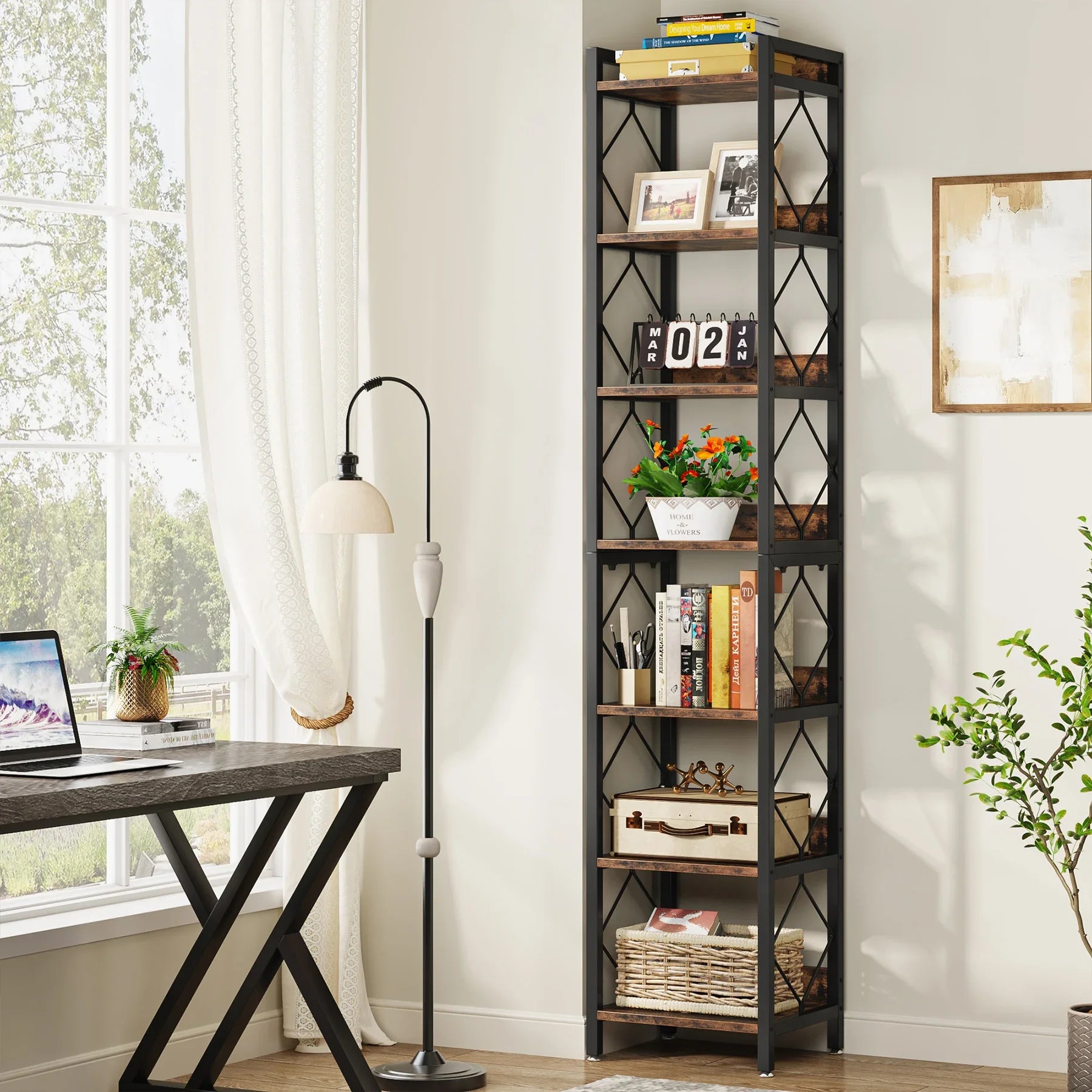 7 Tier Corner Bookshelf Tall Industrial Corner Shelf Narrow Storage Display Rack Rustic Brown & Black