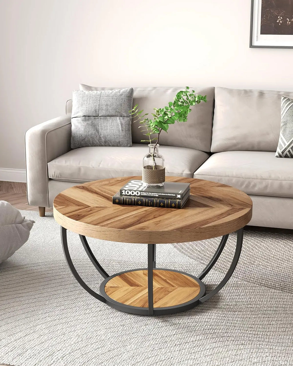2-Tier Round Coffee Table with Metal Frame and Wooden Shelves Modern Living Room Side Table