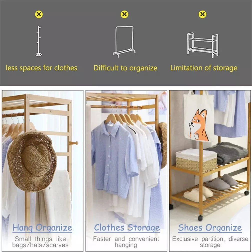 Bamboo Clothes Rack with Shelves, Hooks and Wheels Freestanding Garment Rack Natural Wood
