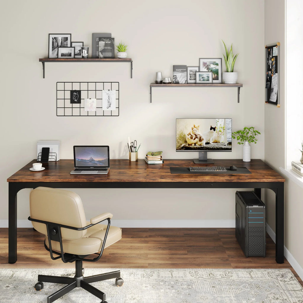 200cm Industrial Computer Desk for 2 People with Metal Frame Large Double Workstation Table Chocolate