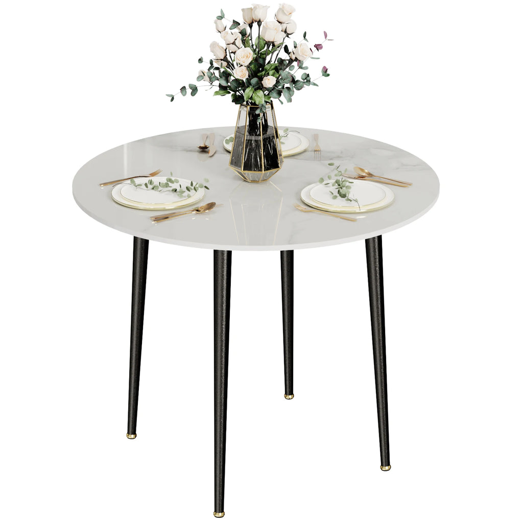Round Dining Table with Sintered Stone Top and Metal Frame 80cm Modern Kitchen Table White