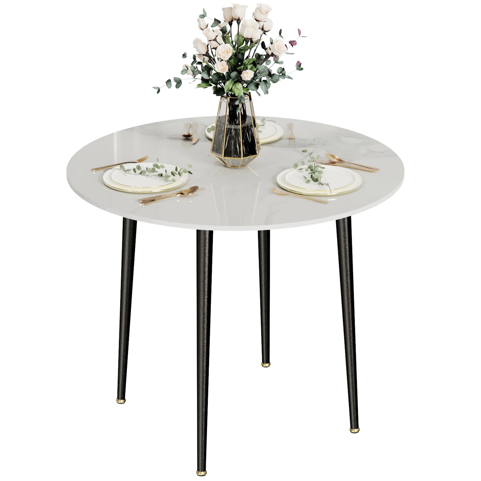 Round Dining Table with Sintered Stone Top and Metal Frame 80cm Modern Kitchen Table White