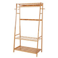 Bamboo Clothes Rack with Shelves, Hooks and Wheels Freestanding Garment Rack Organiser Natural Wood