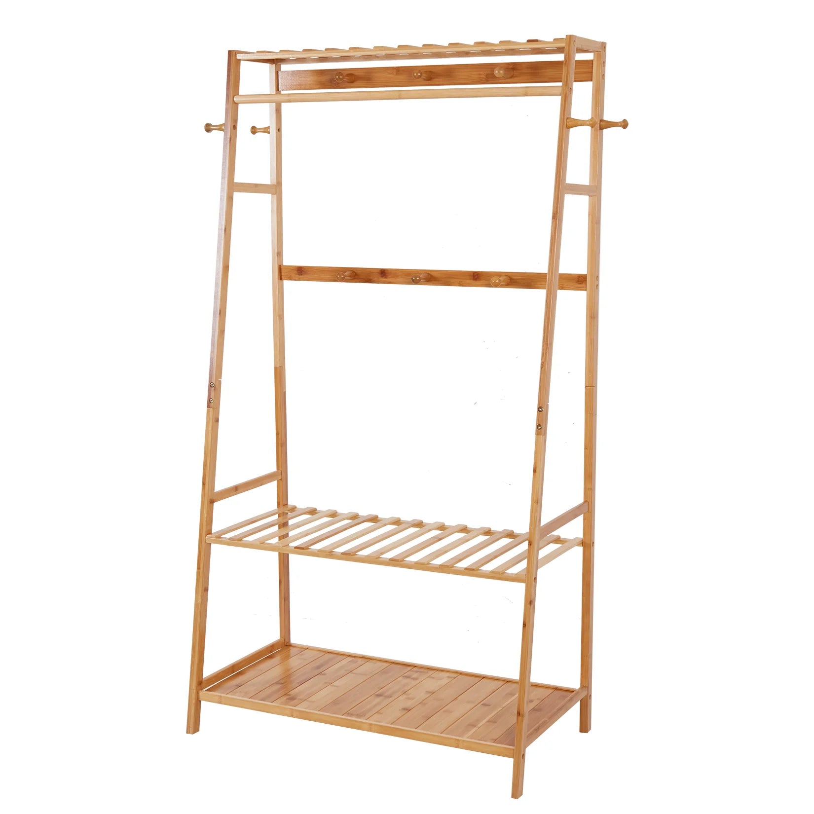 Bamboo Clothes Rack with Shelves, Hooks and Wheels Freestanding Garment Rack Organiser Natural Wood