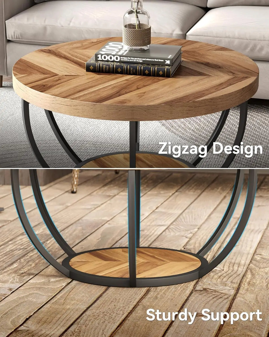 2-Tier Round Coffee Table with Metal Frame and Wooden Shelves Modern Living Room Side Table