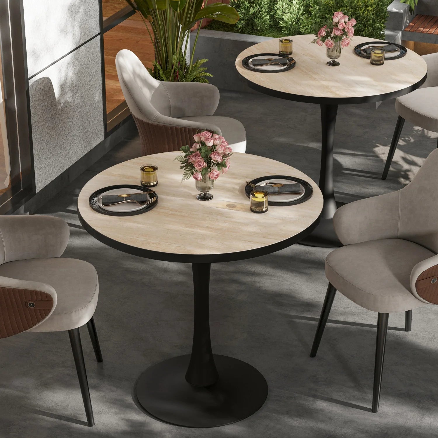 Round Dining Table with Sintered Stone Top and Metal Frame 76cm Modern Kitchen Table Travertine