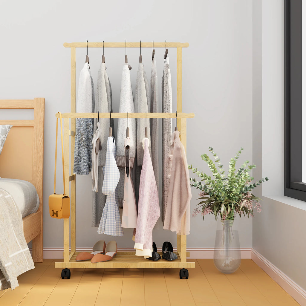 Bamboo Clothes Rack with Hanging Rail, Pants Bar and Bottom Shelf Freestanding Garment Rack Natural Wood