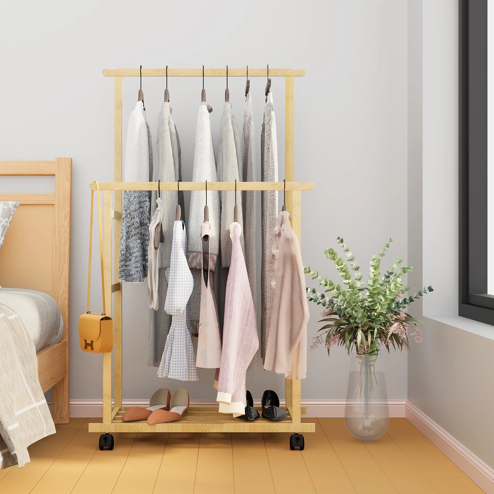 Bamboo Clothes Rack with Hanging Rail, Pants Bar and Bottom Shelf Freestanding Garment Rack Natural Wood