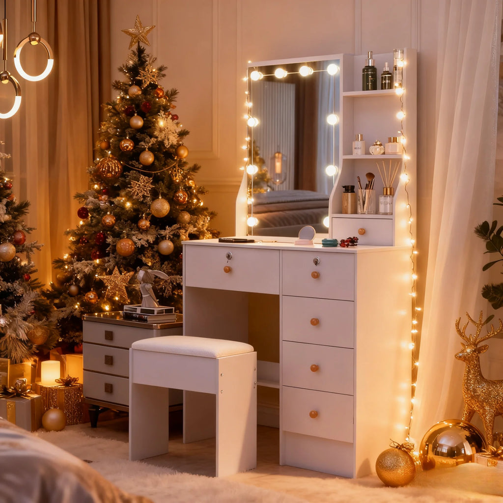 Vanity Table Set with LED Mirror, Stool and 6 Drawers Sliding Mirror Makeup Dressing Table Warm White