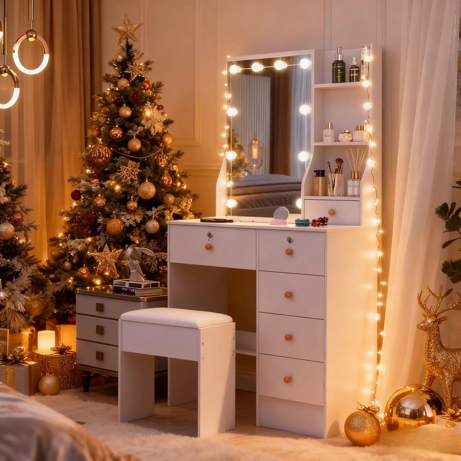 Vanity Table Set with LED Mirror, Stool and 6 Drawers Sliding Mirror Makeup Dressing Table Warm White