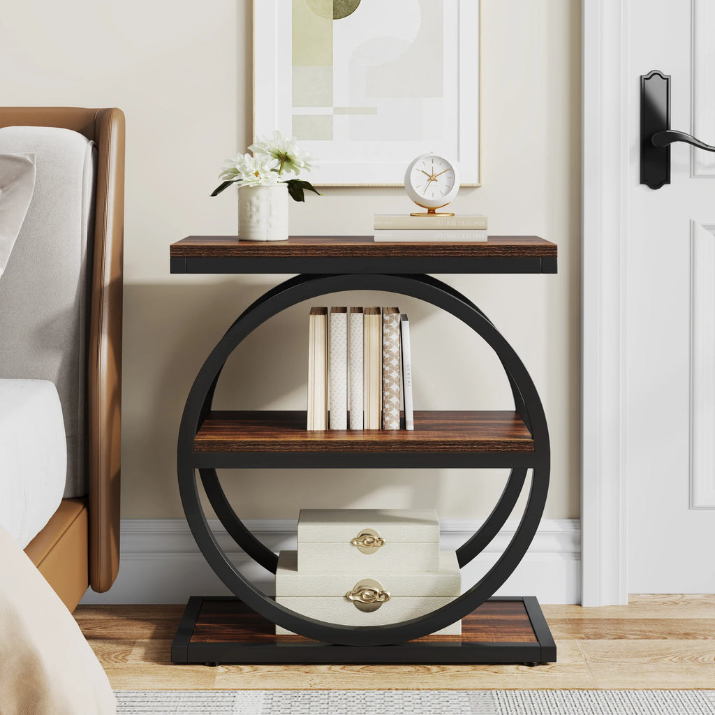 3-Tier Industrial Side Table with Metal Frame and Wooden Shelves Slim Storage End Table