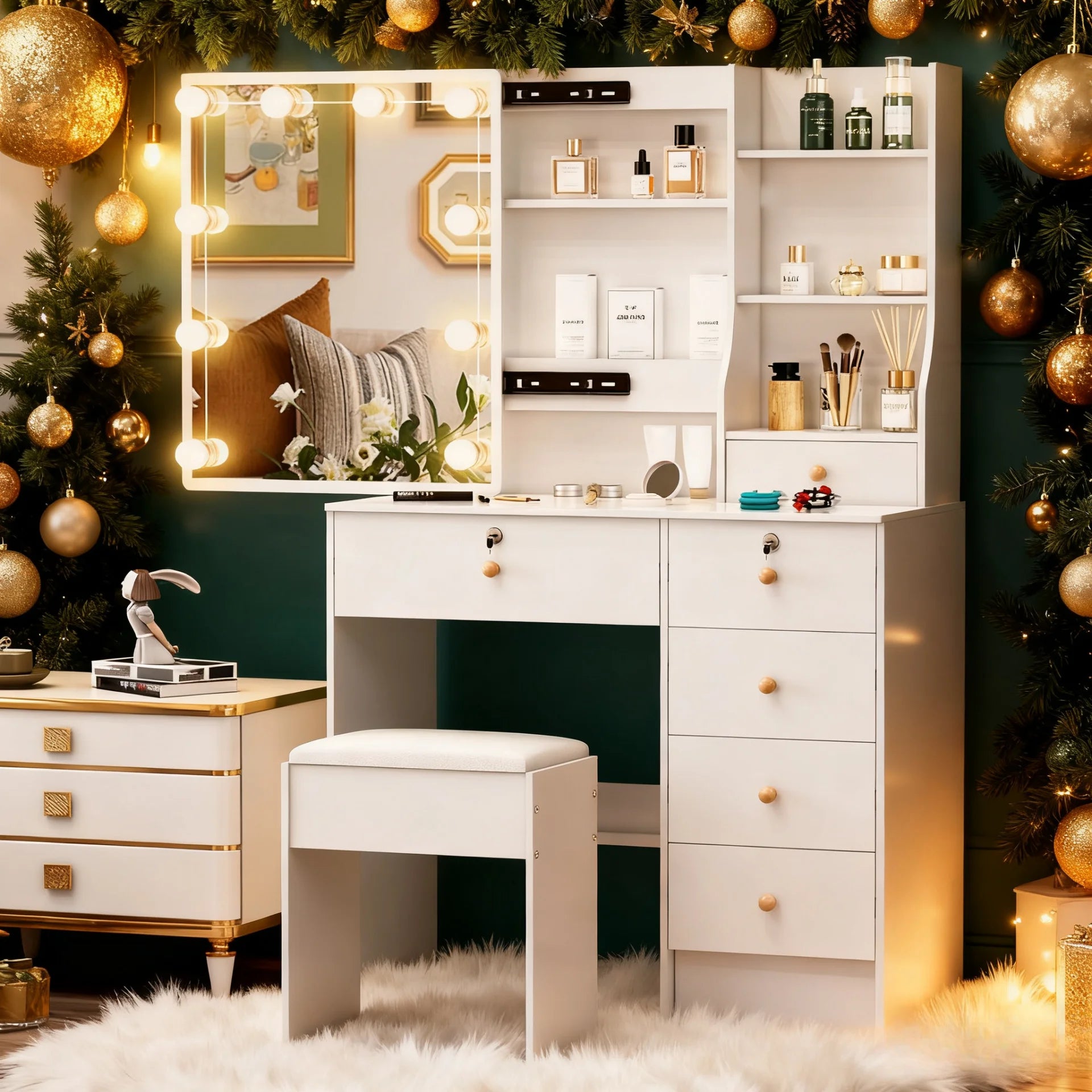 Vanity Table Set with LED Mirror, Stool and 6 Drawers Sliding Mirror Makeup Dressing Table Warm White