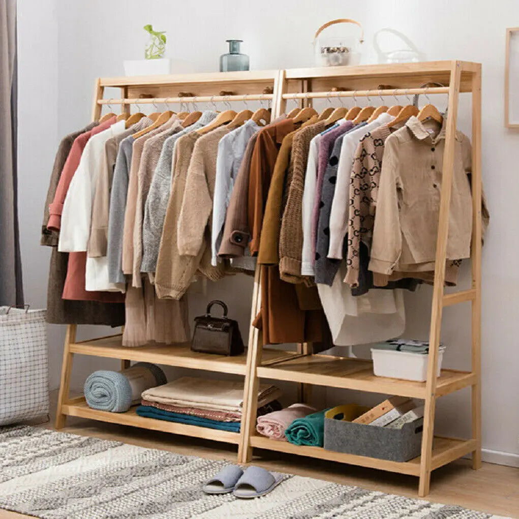 Bamboo Clothes Rack with Shelves, Hooks and Wheels Freestanding Garment Rack Organiser Natural Wood
