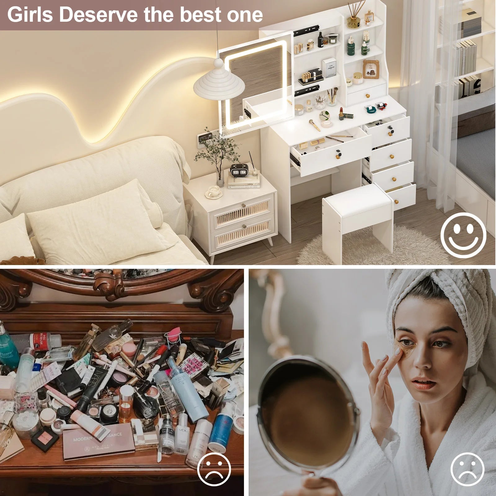 Vanity Table Set with LED Mirror, Stool and 6 Drawers Sliding Mirror Makeup Dressing Table