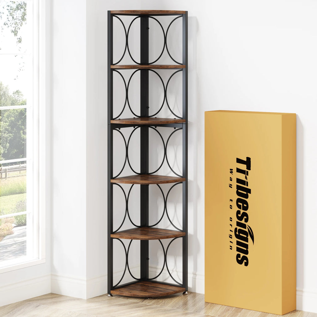 6 Tier Corner Shelf Industrial Tall Bookcase Storage Display Stand for Living Room Office