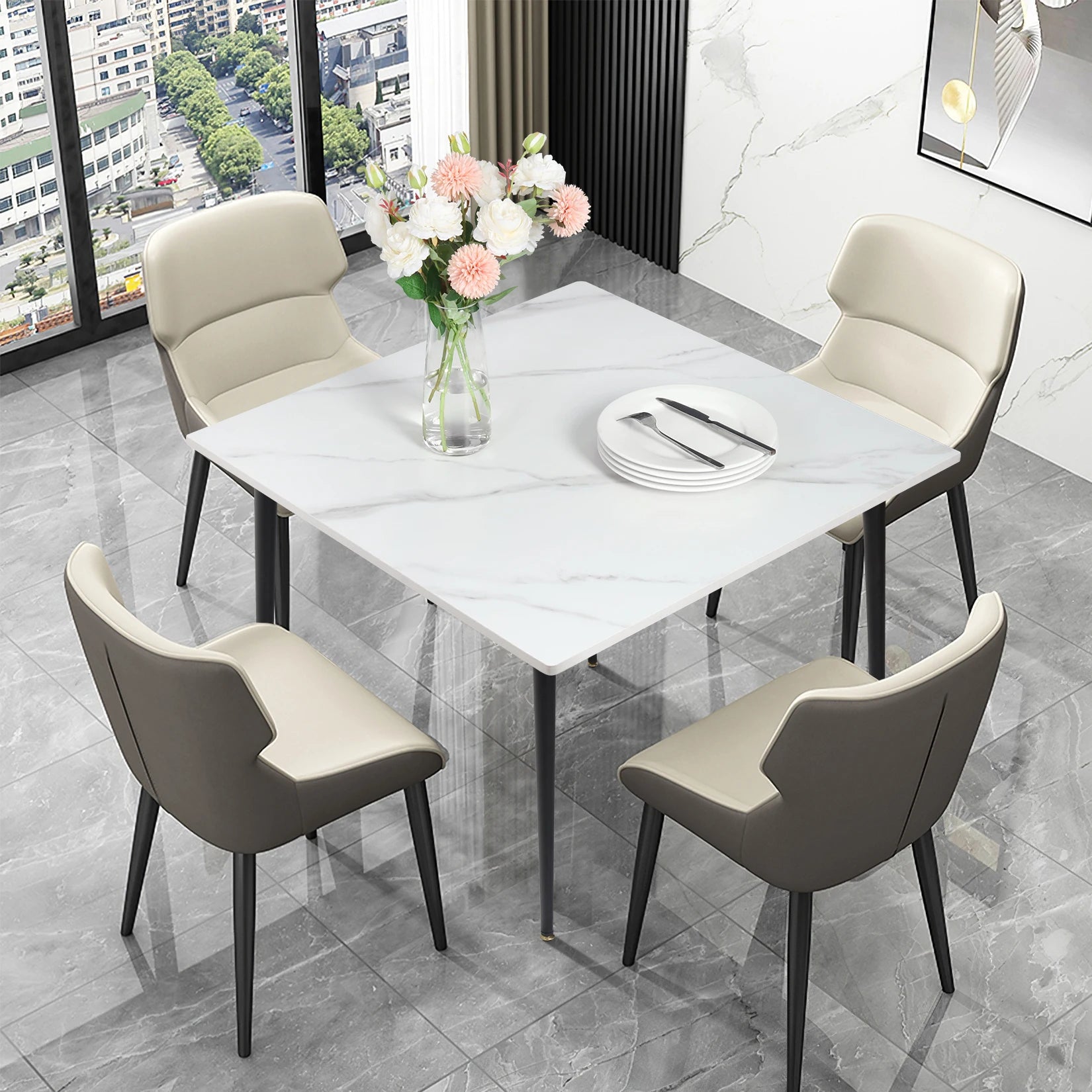 Square Dining Table with Sintered Stone Top and Metal Frame 80cm Modern Kitchen Table Pale Brownish Grey
