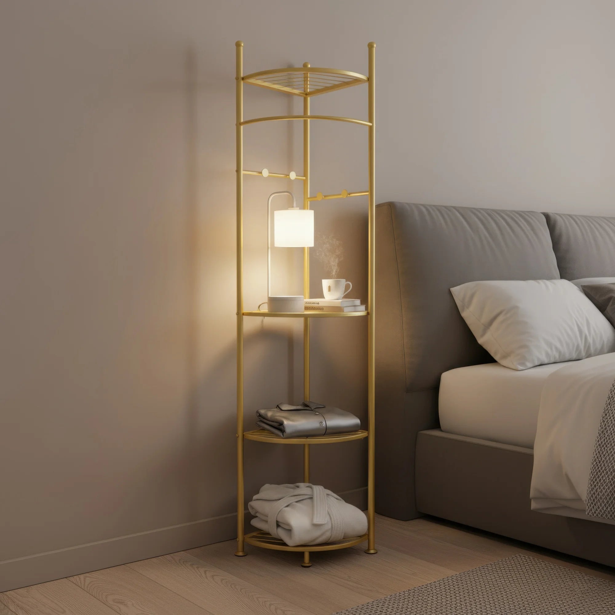 Gold Metal Coat Rack Stand with Shelves Freestanding Corner Clothes Rack Natural Wood