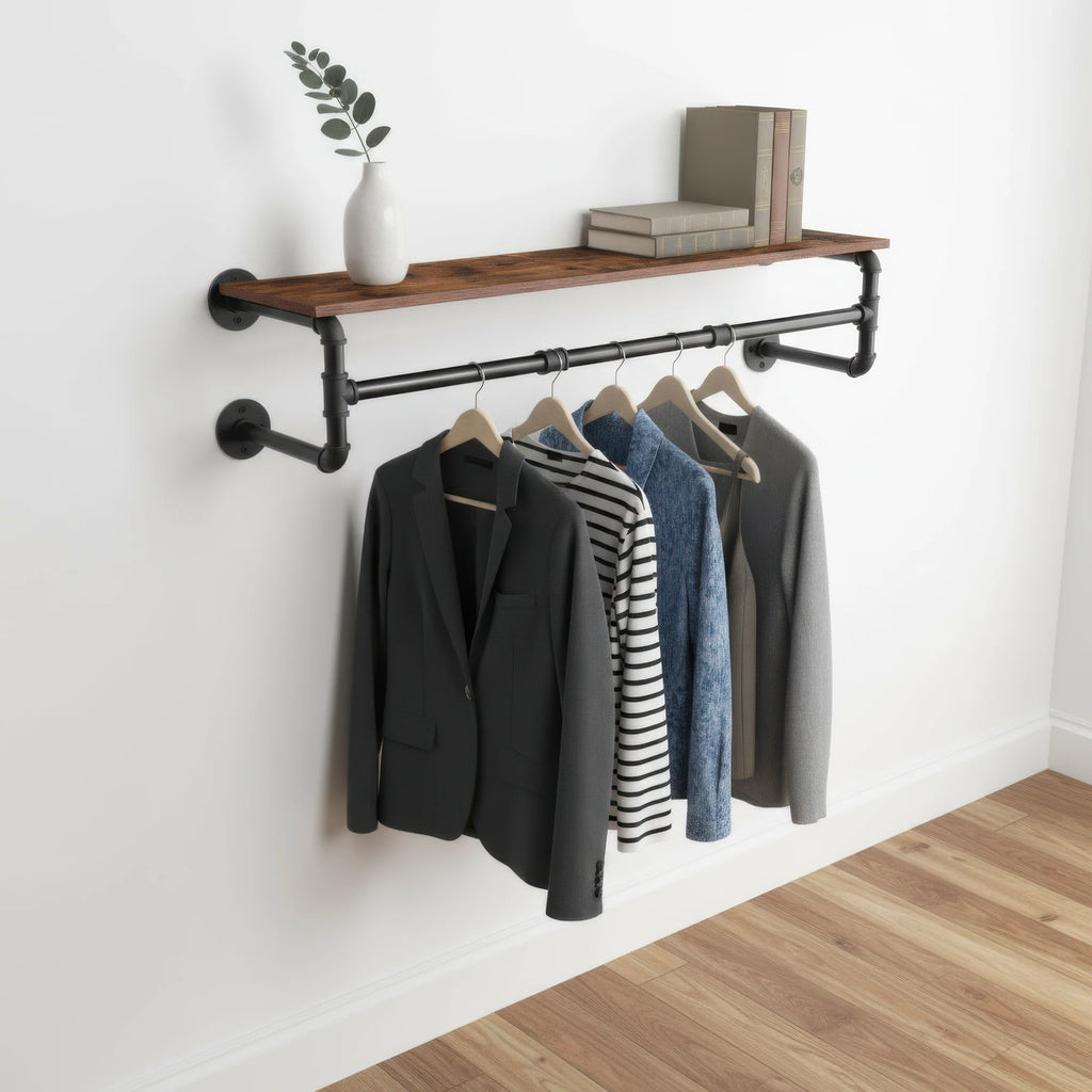 Industrial Pipe Clothes Rack with Shelf Wall Mounted Garment Rack 100cm with Hooks Brown