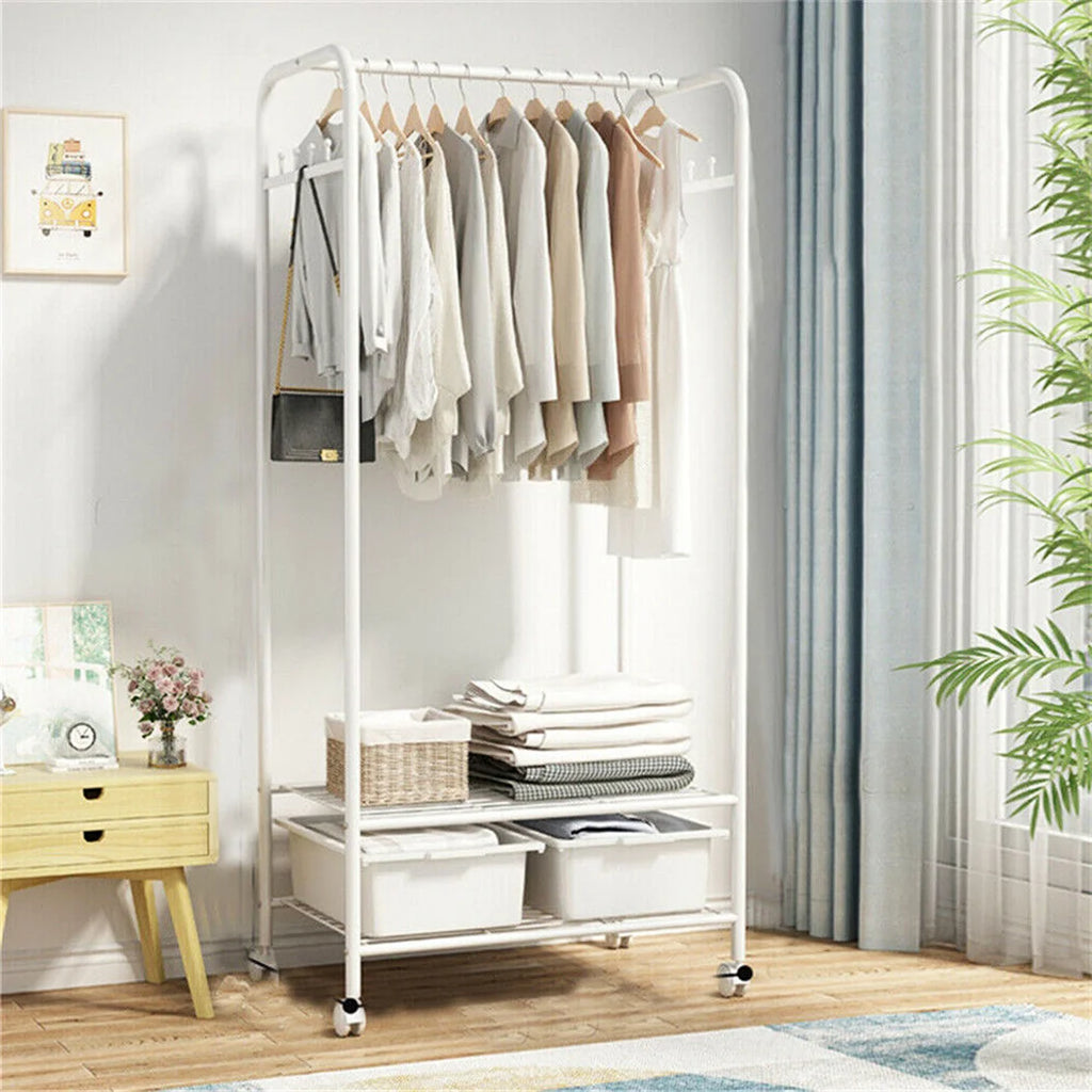 Freestanding Clothes Rack with Shelves and Wheels Metal Garment Rack Organizer White