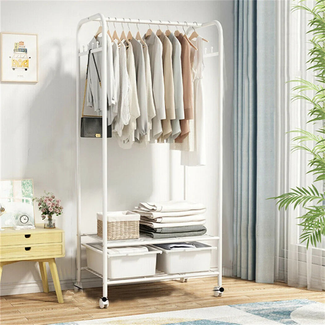 Freestanding Clothes Rack with Shelves and Wheels Metal Garment Rack Organizer White