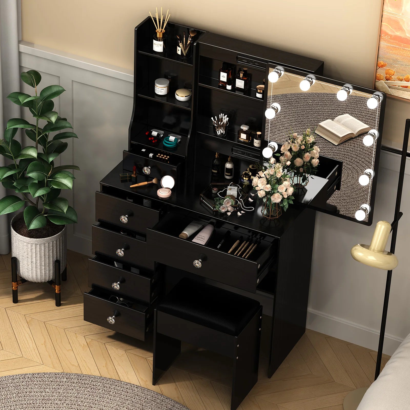 Vanity Table Set with LED Mirror, Stool and 6 Drawers Makeup Dressing Table Black