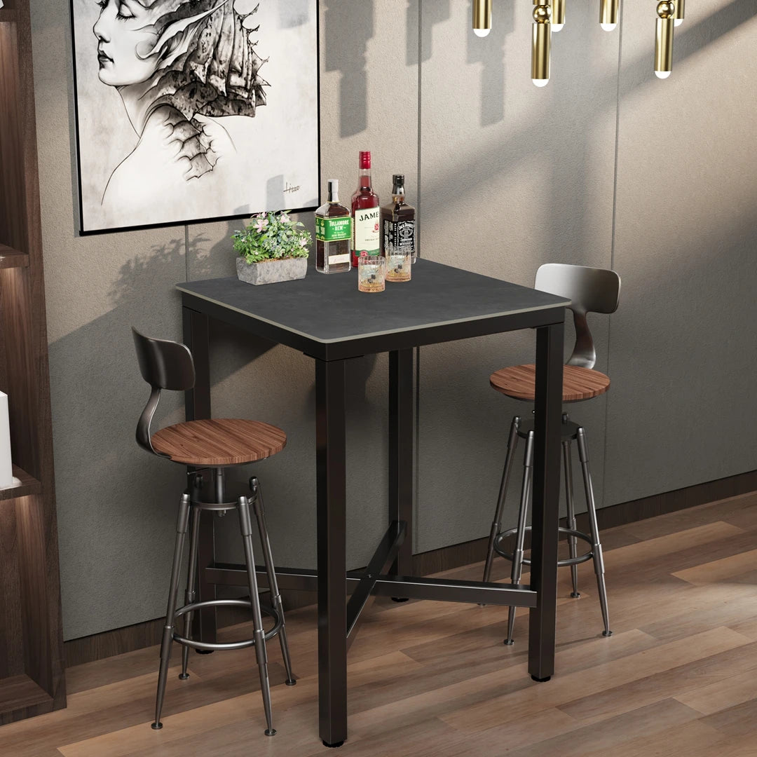 Square Bar Table with Sintered Stone Top and Metal Frame 70cm Modern Kitchen Pub Table