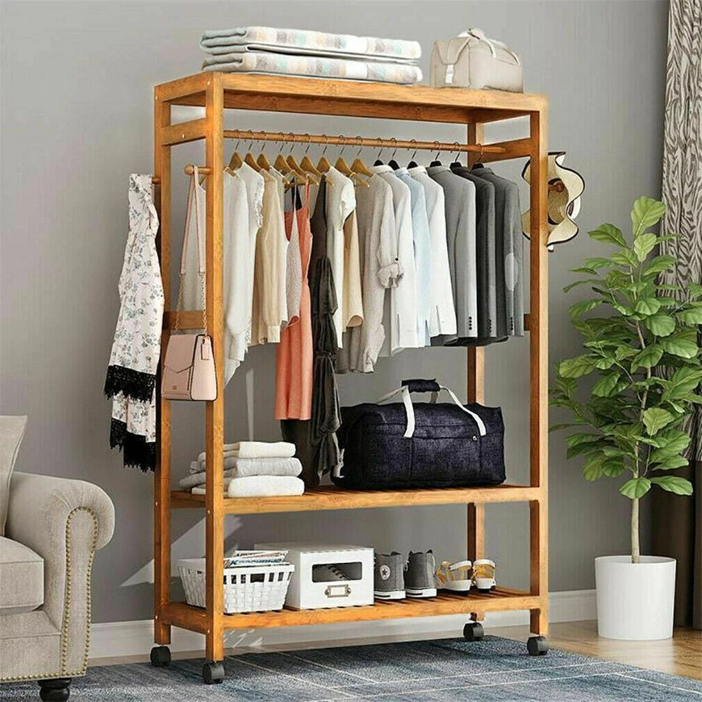 Bamboo Clothes Rack with Shelves, Hooks and Wheels Freestanding Garment Rack Natural Wood