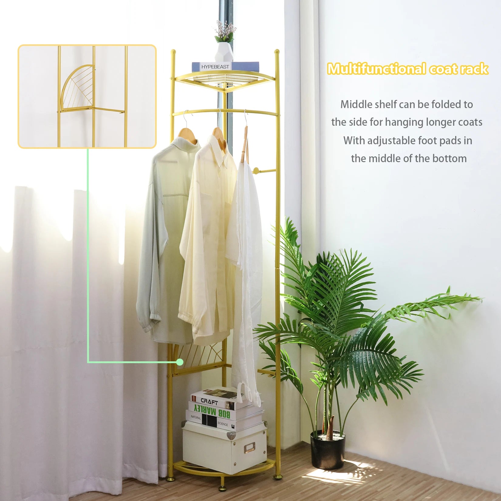 Gold Metal Coat Rack Stand with Shelves Freestanding Corner Clothes Rack Natural Wood
