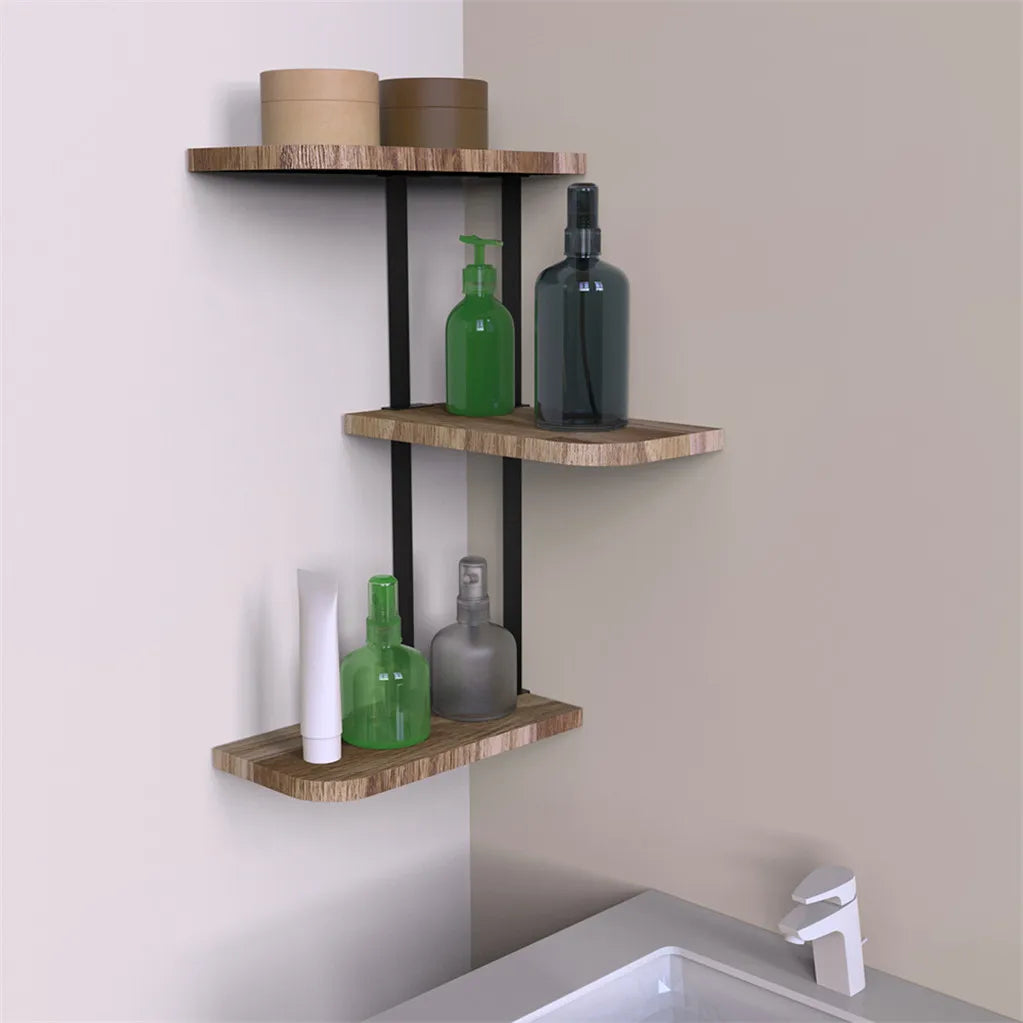 3-Tier Wall Mounted Floating Shelf with Metal Frame Rustic Display Shelves Black & Light Brown