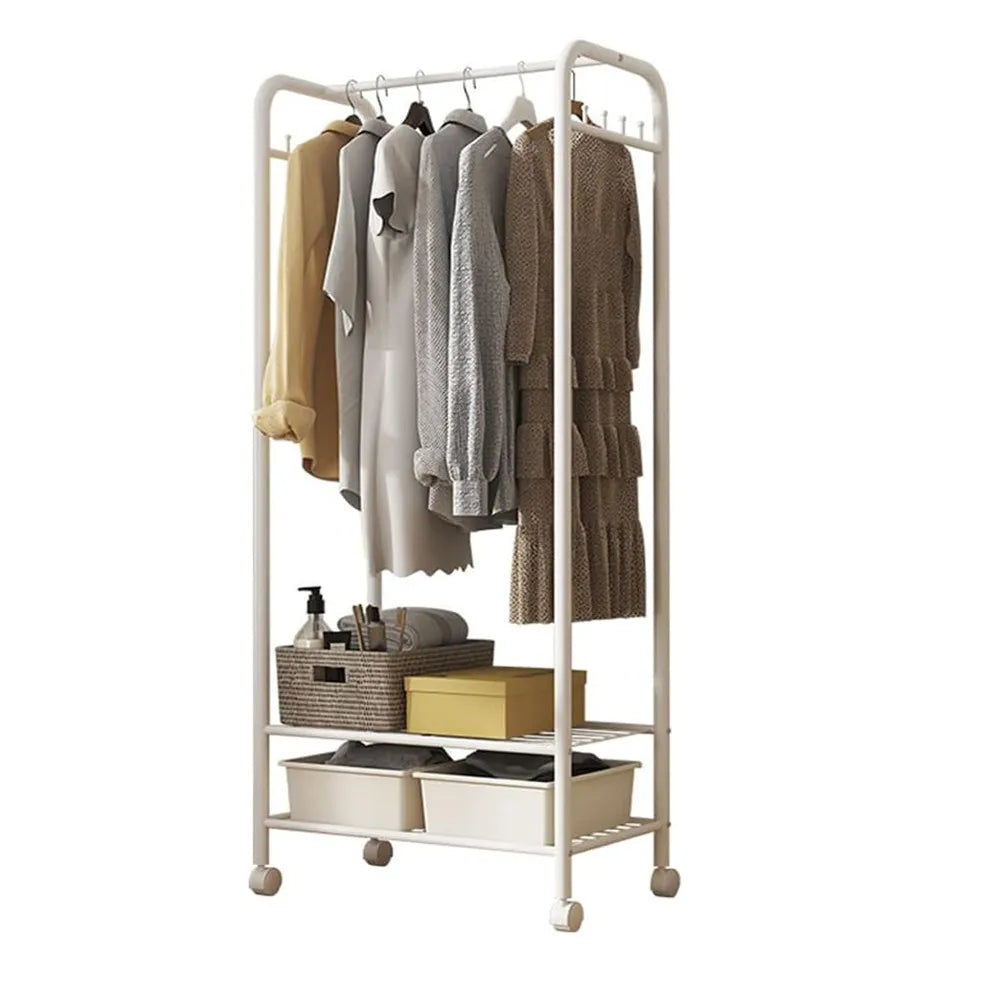 Freestanding Clothes Rack with Shelves and Wheels Metal Garment Rack Organizer White