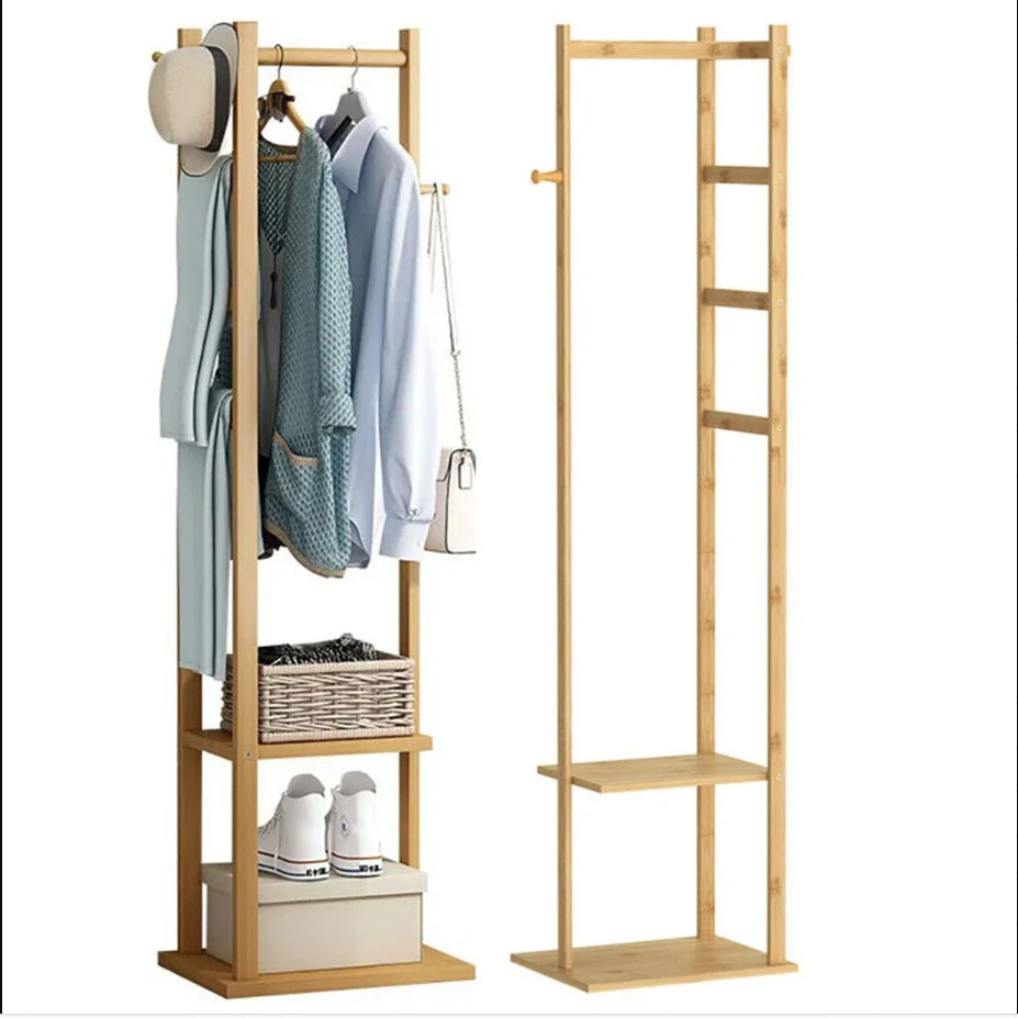 Bamboo Coat Rack Stand with Shelves and Hooks Freestanding Clothes Organiser Natural Wood