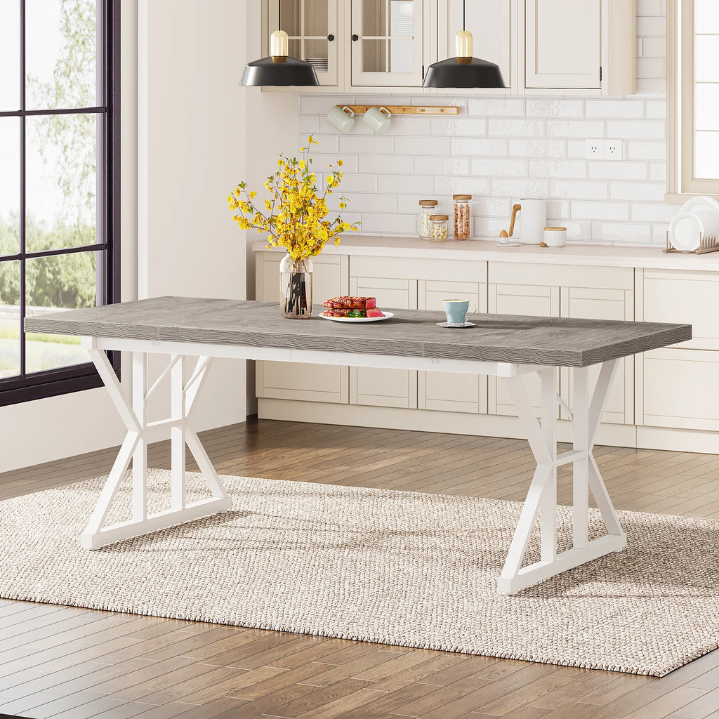 6-Seater Farmhouse Dining Table with Metal Trestle Frame and Wooden Top 180cm Kitchen Table Grey & White