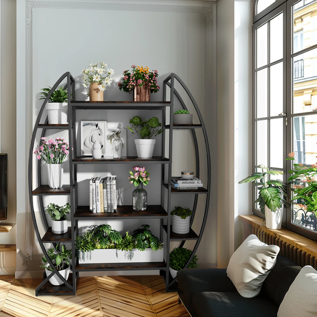 Half-Moon Shape Plant Stand Industrial Bookshelf Storage Shelf Multilayer Garden Flower Rack Without Lights