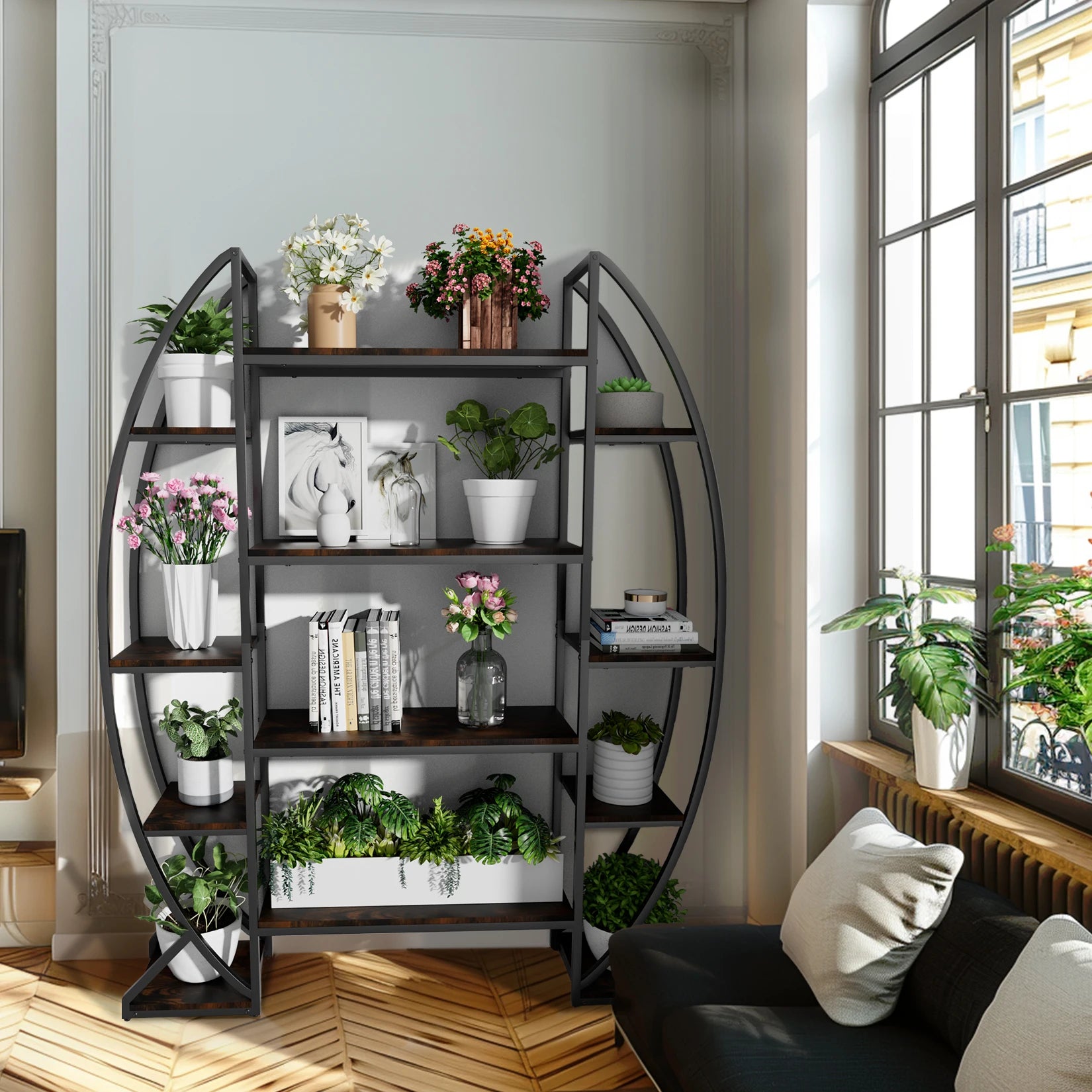 Half-Moon Shape Plant Stand Industrial Bookshelf Storage Shelf Multilayer Garden Flower Rack Without Lights