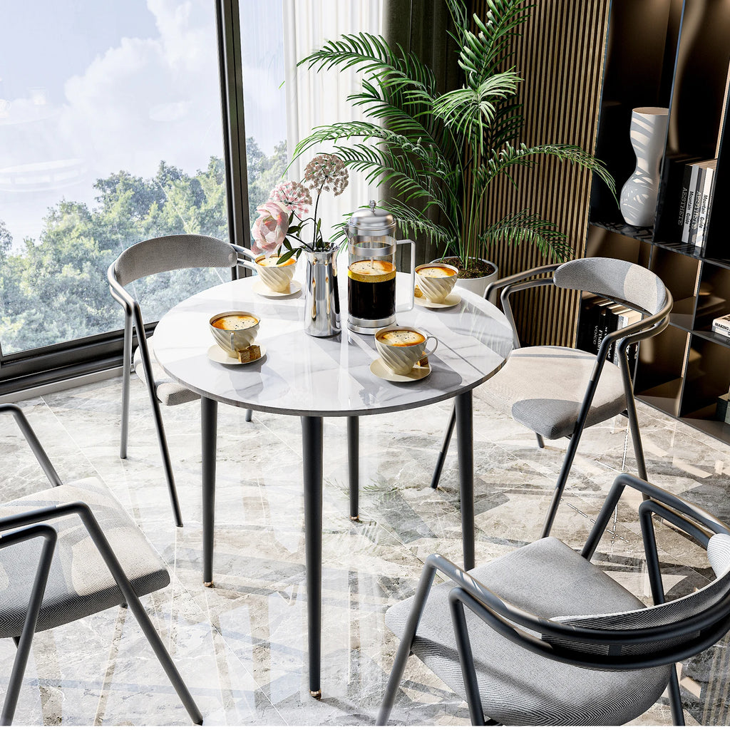Round Dining Table with Sintered Stone Top and Metal Frame 80cm Modern Kitchen Table White