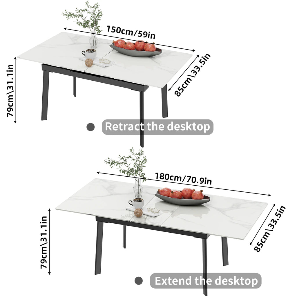 Extendable Dining Table with Sintered Stone Top and Metal Frame 150-180cm Modern Kitchen Table Black